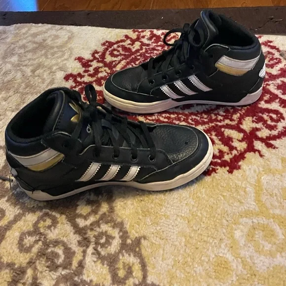 adidas | Shoes | Adidas Hard Court High Blackwhitegold Youth Sneakers Sz Y  | Poshmark